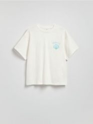 Bawełniany t-shirt z nadrukiem - złamana biel. T-shirty damskie Reserved, l, bez wzorów, z bawełny, bez kołnierzyka. W wyprzedaży za 39.99 zł.