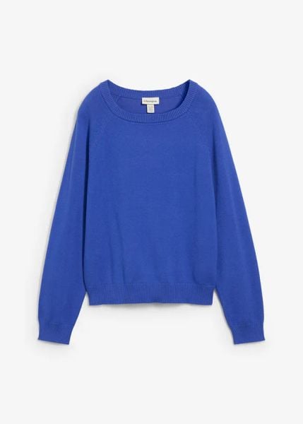 Sweter dzianinowy. Niebieskie swetry klasyczne damskie bonprix, z bawełny, bez kołnierzyka. Za 84.99 zł.