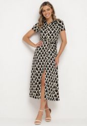 Czarno-Beżowa Koszulowa Sukienka z Kołnierzem i Materiałowym Paskiem w Talii Vranea. Czarne sukienki damskie Born2be, na co dzień, l, bez wzorów, z materiału, eleganckie, bez kołnierzyka, bez ramiączek, midi, koszulowe. W wyprzedaży za 159.99 zł.