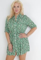 Zielona Koszulowa Sukienka Mini w Kwiaty z Materiałowym Paskiem i Podpinanymi Rękawami Isamone. Zielone sukienki damskie Born2be, na lato, l, bez wzorów, z materiału, bez kołnierzyka, plus size, bez ramiączek, mini, koszulowe. W wyprzedaży za 63.99 zł.