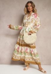 Beżowa Sukienka z Wiskozy Rozkloszowana w Print Boho Aedia. Brązowe sukienki damskie Renee, na co dzień, l, z aplikacjami, z wiskozy, boho, bez kołnierzyka, bez ramiączek, maxi, rozkloszowane. Za 79.99 zł.