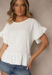 Biała Bluzka Oversize Ozdobiona Falbanami Liriele. Białe bluzki damskie Renee, bez wzorów, z jeansu, bez kołnierzyka, bez ramiączek. Za 49.99 zł.