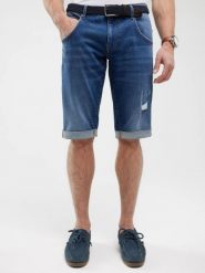 Szorty męskie jeansowe z przetarciami granatowe Conner 407. Niebieskie szorty męskie Big Star, z denimu, bez kołnierzyka. W wyprzedaży za 179.99 zł.