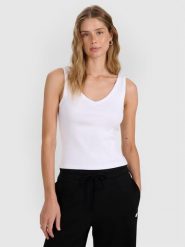 4F Top slim z prążkowanej dzianiny damski - biały XS. Białe topy damskie 4f, l, bez wzorów, z bawełny, bez kołnierzyka. Za 49.99 zł.