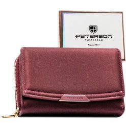 Portfel damski ze skóry ekologicznej w fioletowym kolorze wyposażony w system RFID - Peterson. Fioletowe portfele damskie Peterson, bez wzorów, ze skóry ekologicznej. Za 94.99 zł.
