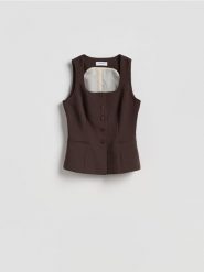 Kamizelka z dekoltem karo - ciemnobrązowy. Brązowe kamizelki damskie Reserved, l, z tkaniny. Za 109.99 zł.