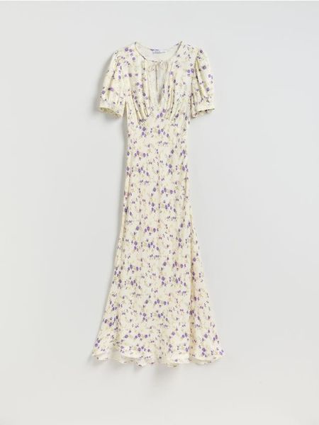 Wzorzysta sukienka maxi - wielobarwny. Sukienki damskie Reserved, l, bez wzorów, z wiskozy, bez kołnierzyka, bez ramiączek, maxi, rozkloszowane. Za 149.99 zł.