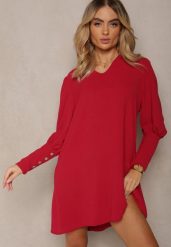Bordowa Pudełkowa Sukienka z Rozkloszowanym Dołem i Bufiastymi Rękawami Kaimana. Czerwone sukienki damskie Renee, na imprezę, s, bez wzorów, eleganckie, bez kołnierzyka, bez ramiączek, mini, rozkloszowane. W wyprzedaży za 59.49 zł.