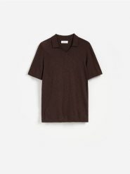 Sweter polo z dodatkiem lnu - ciemnobrązowy. Brązowe swetry męskie Reserved, l, bez wzorów, z bawełny, bez kołnierzyka. Za 129.99 zł.