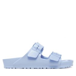 Klapki Birkenstock. Niebieskie klapki damskie Birkenstock, bez wzorów, bez obcasa. Za 269.99 zł.