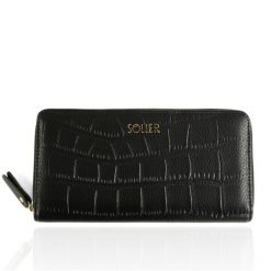 Duży skórzany portfel damski Solier SW52 czarny. Czarne portfele damskie bez wzorów, ze skóry. Za 89.00 zł.