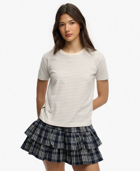 Superdry Dopasowana koszulka w paski z logo Essential – Desert Bone Off White. Białe t-shirty damskie Superdry., bez wzorów, z bawełny, bez ramiączek. Za 129.40 zł.