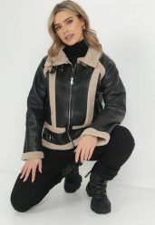 Czarna Kurtka Biker z Imitacji Skóry i Kożuszkiem Venso. Czarne kurtki damskie Born2be, m, z aplikacjami, ze skóry, bez kaptura. Za 399.99 zł.