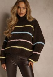 Brązowy Golf z Wełną w Paski Monallesa. Brązowe golfy damskie Renee, bez wzorów, z jeansu, bez ramiączek. Za 169.99 zł.