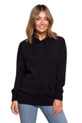Sweter z Kapturem w Formie Bluzy - Czarny. Czarne swetry klasyczne damskie MOE, l, z bawełny, bez kołnierzyka. Za 238.90 zł.