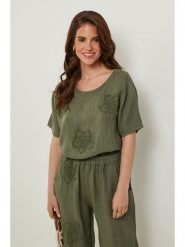 Rodier Lin Lniana koszulka w kolorze khaki rozmiar: XL/XXL. Brązowe bluzki damskie Rodier Lin, xl, bez wzorów, ze lnu, bez kołnierzyka, bez ramiączek. Za 149.31 zł.