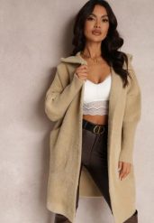 Beżowy Płaszcz Wełniany z Alpaką Oversize Długi z Kapturem Ortylia. Brązowe płaszcze damskie Renee, bez wzorów, z wełny. Za 159.99 zł.