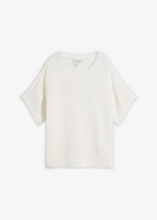 Lekki sweter ażurowy z domieszką lnu. Białe swetry klasyczne damskie bonprix, bez kołnierzyka. Za 59.99 zł.