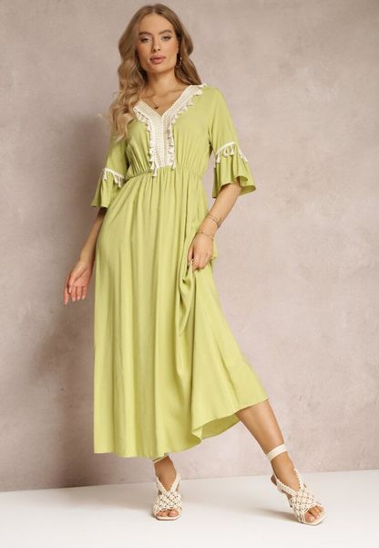 Jasnozielona Sukienka Maxi z Gumką w Talii z Ozdobnymi Chwostami z Wiskozy Zisel. Zielone sukienki damskie Renee, na imprezę, m, bez wzorów, z wiskozy, bez kołnierzyka, bez ramiączek, maxi. Za 89.99 zł.