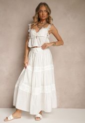 Biała Rozkloszowana Spódnica z Wiskozą Zdobiona Koronką Bannela. Białe spódniczki damskie Renee, m, z aplikacjami, z koronki, eleganckie, maxi, dopasowane. Za 99.99 zł.