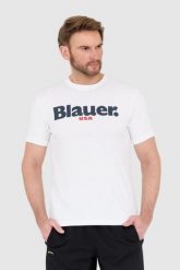 BLAUER Biały męski t-shirt z dużym logo, Rozmiar L. Białe t-shirty męskie Blauer USA, l, bez wzorów, bez kołnierzyka. W wyprzedaży za 123.99 zł.
