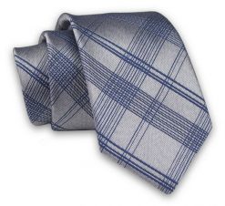 Szaro-Granatowy Elegancki, Męski Krawat -ALTIES- 7cm, Stylowy, Klasyczny, w Kratkę. Niebieskie krawaty i muchy męskie Alties, bez wzorów, z tkaniny, eleganckie. Za 49.00 zł.