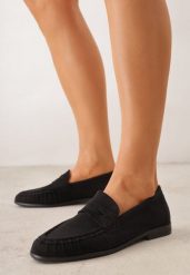 Czarne Mokasyny VICES ze Skórzaną Wkładką i Marszczeniem przy Nosku Ananora. Czarne mokasyny damskie Renee, z jeansu. Za 89.99 zł.