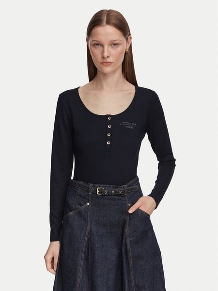 Guess Bluzka W6YP60 K5318 Granatowy Slim Fit. Niebieskie bluzki damskie Guess, s, z aplikacjami, z syntetyku, bez kołnierzyka, bez ramiączek. Za 284.99 zł.