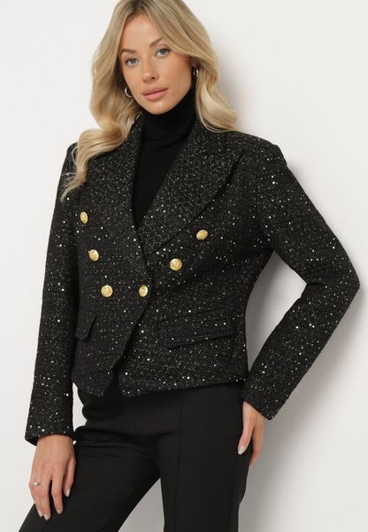 Czarna Dwurzędowa Marynarka Taliowana w Tweedowym Stylu z Imitacją Kieszeni Liolia. Czarne marynarki i żakiety damskie Born2be, l, bez wzorów, eleganckie. Za 209.99 zł.