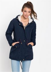 Kurtka parka na podszewce z polaru baranka. Niebieskie kurtki damskie bonprix, bez wzorów, z polaru, bez kaptura. Za 229.99 zł.