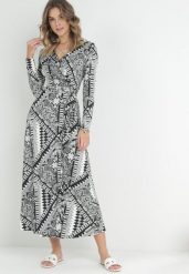 Czarno-Biała Kopertowa Sukienka Maxi w Fantazyjny Print Aldotine. Czarne sukienki damskie Born2be, na co dzień, m, bez wzorów, z wiskozy, bez kołnierzyka, bez ramiączek, maxi, kopertowe. W wyprzedaży za 175.99 zł.