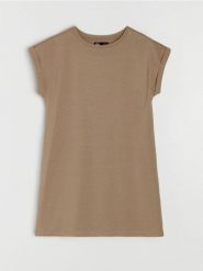 Bawełniana sukienka mini z krótkim rękawem - beżowy. Brązowe sukienki damskie Sinsay, l, bez wzorów, z bawełny, bez kołnierzyka, bez ramiączek, mini. Za 39.99 zł.