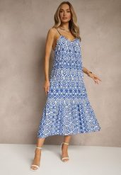 Niebieska Bawełniana Sukienka w Geometryczny Wzór Koloniela. Niebieskie sukienki damskie Renee, na co dzień, l, bez wzorów, z bawełny, eleganckie, bez kołnierzyka, bez ramiączek, midi. W wyprzedaży za 41.99 zł.