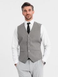 Żakardowa kamizelka męska casual bez klap - szara V2 OM-BLZV-0111 - XXL. Szare kamizelki męskie Ombre Clothing, l, z poliesteru. W wyprzedaży za 139.99 zł.