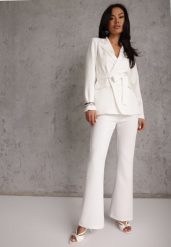 Biały Komplet o Garniturowym Kroju z Marynarką z Wiązaniem i Spodniami Falestra. Białe marynarki i żakiety damskie Renee, m, bez wzorów, casualowe. Za 219.99 zł.