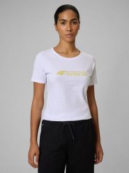 4F T-shirt slim z nadrukiem damski - biały M. Białe t-shirty damskie 4f, l, bez wzorów, z materiału, bez kołnierzyka. W wyprzedaży za 39.99 zł.