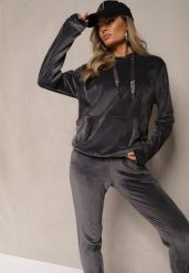 Ciemnoszary Komplet Dresowy z Dodatkiem Bawełny Spodnie z Gumką w Pasie Bluza z Kapturem Reseria. Szare bluzy z kapturem damskie Renee, s, z bawełny. Za 49.99 zł.