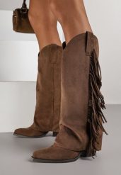 Brązowe Kozaki Kowbojki na Obcasie z Wywiniętą Cholewką z Frędzlami Monasatia. Brązowe kozaki damskie Born2be, z dzianiny, bez obcasa, na obcasie. Za 179.99 zł.