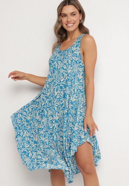 Niebieska Asymetryczna Sukienka Bawełniana w Ornamentalny Wzór Natialira. Niebieskie sukienki damskie Born2be, na co dzień, na lato, l, bez wzorów, z bawełny, eleganckie, z asymetrycznym kołnierzem, bez ramiączek, asymetryczne. Za 39.99 zł.