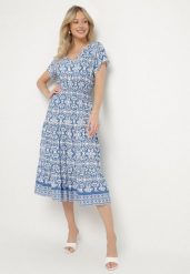 Niebieska Bawełniana Sukienka Rozkloszowana we Wzór Paisley Lanadira. Niebieskie sukienki damskie Born2be, l, bez wzorów, z bawełny, boho, bez kołnierzyka, bez ramiączek, midi, rozkloszowane. W wyprzedaży za 51.99 zł.