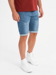 Jeansowe szorty męskie z podwiniętą nogawką - niebieskie V2 OM-SRDS-0164 - XL. Niebieskie szorty męskie Ombre Clothing, z bawełny, bez kołnierzyka. W wyprzedaży za 119.99 zł.
