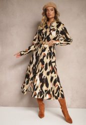 Beżowa Wzorzysta Sukienka o Koszulowym Kroju z Paskiem z Plecionki Mirirani. Brązowe sukienki damskie Renee, na co dzień, l, bez wzorów, z materiału, eleganckie, bez kołnierzyka, bez ramiączek, midi, kopertowe. W wyprzedaży za 76.99 zł.