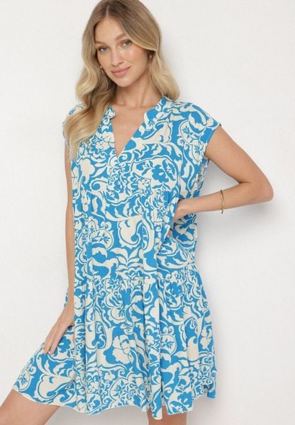 Niebieska Bawełniana Sukienka o Kroju Oversize w Ornamentny Wzór Izelona. Niebieskie sukienki damskie Born2be, na co dzień, l, bez wzorów, z bawełny, klasyczne, bez kołnierzyka, bez ramiączek, mini, oversize. Za 49.99 zł.