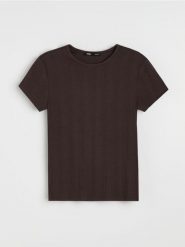 Prążkowana koszulka z domieszką wiskozy - brązowy. Brązowe t-shirty damskie Sinsay, l, bez wzorów, prążkowane, bez kołnierzyka. Za 29.99 zł.
