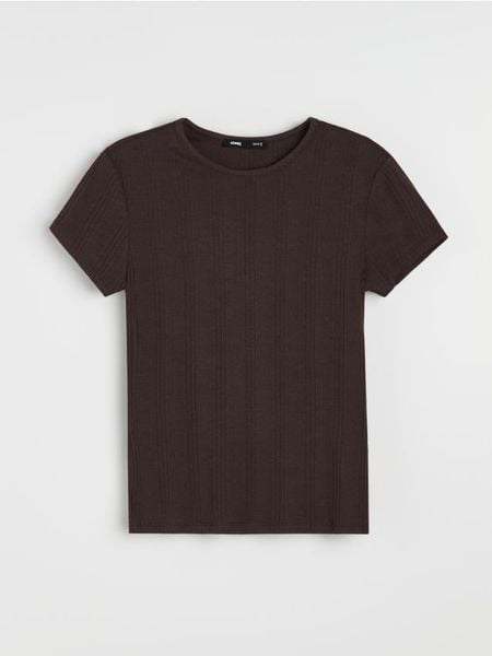 Prążkowana koszulka z domieszką wiskozy - brązowy. Brązowe t-shirty damskie Sinsay, l, bez wzorów, prążkowane, bez kołnierzyka. Za 29.99 zł.