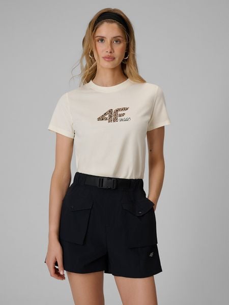 4F T-shirt regular z nadrukiem damski - biały XL. Brązowe t-shirty damskie 4f, xl, bez wzorów, z bawełny, bez kołnierzyka. Za 59.99 zł.