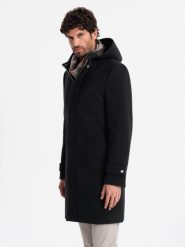 Długi monochromatyczny męski płaszcz z kapturem – czarny V3 OM-COWC-22FW-005 - XXL. Czarne płaszcze męskie Ombre Clothing, l, bez wzorów, z materiału, eleganckie. Za 329.99 zł.