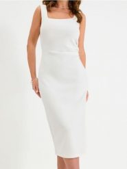 Elegancka sukienka midi - kremowy. Białe sukienki damskie Sinsay, l, bez wzorów, eleganckie, bez kołnierzyka, bez ramiączek, midi. Za 49.99 zł.