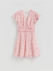 Sukienka mini w paski - czerwony. Czerwone sukienki damskie Reserved, l, bez wzorów, z bawełny, bez kołnierzyka, bez ramiączek, mini, rozkloszowane. Za 139.99 zł.