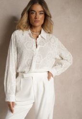 Biała Koszula z Bawełny Ozdobiona Haftowanym Wzorem Annaria. Białe koszule damskie Renee, m, bez wzorów, z bawełny, eleganckie, bez kołnierzyka, bez ramiączek. Za 59.99 zł.